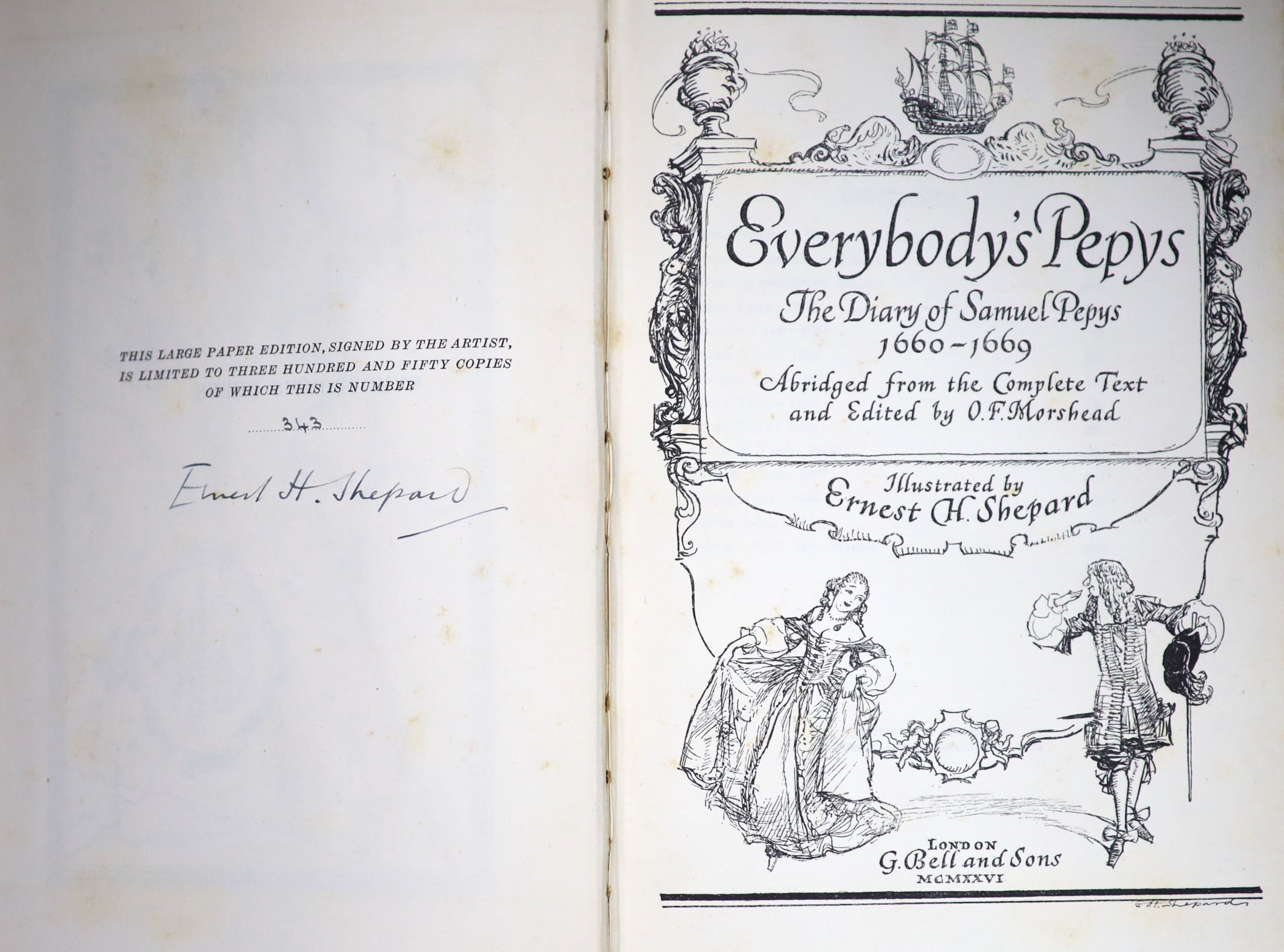 Pepys, Samuel (edited and abridged by O.F. Morshead) - Everybody’s Pepys, 8vo, red cloth, one of 350, signed by the illustrator Ernest Shepard, G. Bell & Sons, London, 1926